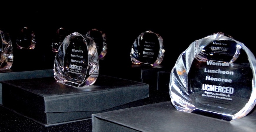 Glass awards that read "Women's Luncheon Honoree" are lined up on a table.